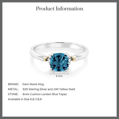 Miniatura 5 de Gem Stone King Anillo de compromiso de plata de ley 925 y oro amarillo de 10 quilates de 0.236 in con piedra preciosa de corte cojín Anillo