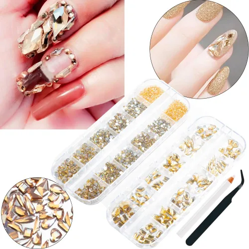 Miniatura 5 de 2680 diamantes de imitación para uñas color dorado champán, 120 dijes grandes de uñas doradas, piedras preciosas de diamante con cuentas redondas K9