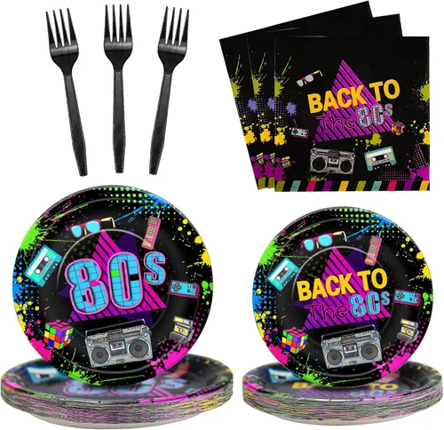 Vajilla para decoración de fiesta de los años 80, platos de papel y servilletas de los años 80, suministros de fiesta, plato de cena, plato de