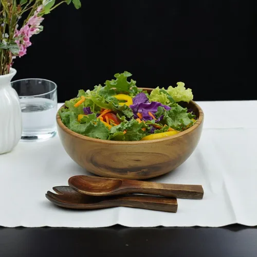 Miniatura 7 de Juego de ensaladera de madera de acacia – 9” Cuenco redondo artesanal con 2 servidores de madera, vajilla rústica y duradera para ensaladas, frutas