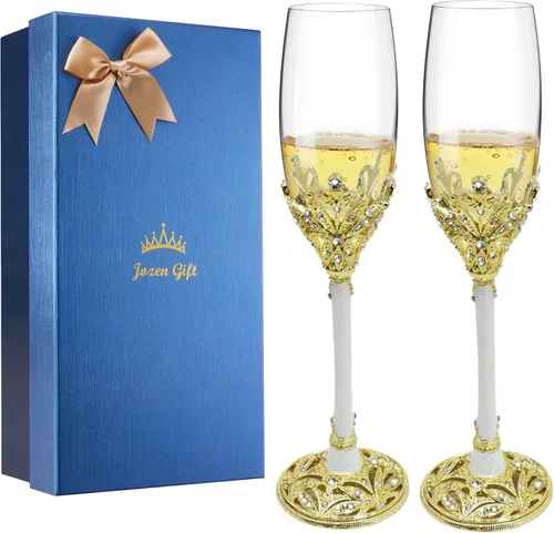 Miniatura 9 de Copas de champán - Juego de 2 pares de flautas de champán con base de metal de cristal y piedras de cristal, para brindis, aniversarios, bodas, Oro