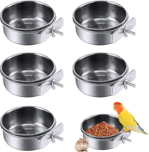 Miniatura 12 de PINVNBY 2 piezas cuencos de acero inoxidable para pájaros, cuencos para agua y alimentos con soporte de abrazadera, comedero de pájaros, tazones