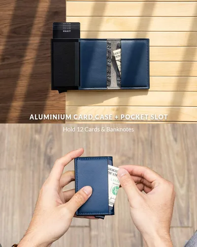 Miniatura 16 de VULKIT Tarjetero RFID Bloqueo de Cuero Automático Pop Up Cartera Aluminio Slim Pocket Tarjeta de Visita
