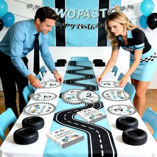 Miniatura 6 de Decoración de fiesta de 2º cumpleaños de coche de carreras para niños, dos platos y servilletas de papel desechable, dos rápidos, dos, curiosos, 2
