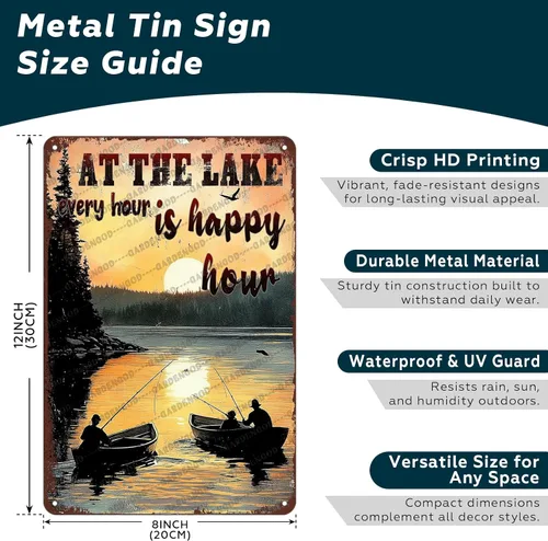 Miniatura 2 de Cartel de metal divertido con texto en inglés «At The Lake Every Hour Is Happy Hour», divertido póster de hojalata novedoso para el hogar, cocina