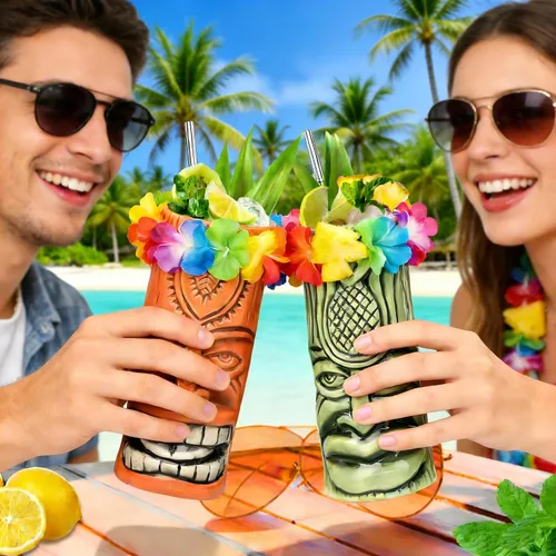 Miniatura 6 de SuproBarware Tiki - Juego de 2 tazas de cóctel hawaianas grandes con pajitas y posavasos, lindos vasos de cóctel exóticos para fiesta Tiki Bar