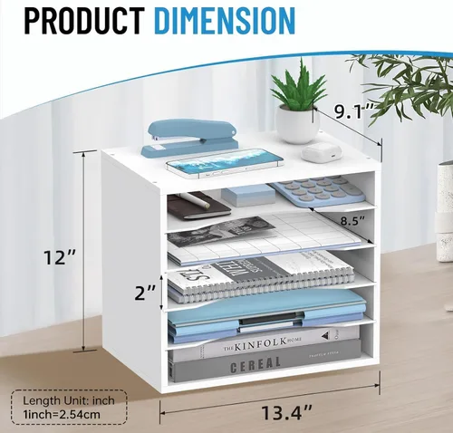 Miniatura 3 de Organizador de escritorio de madera de 5 niveles, organizador de bandeja de papel para escritorio con estantes de almacenamiento ajustables, Blanco