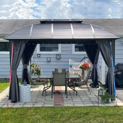 Miniatura 57 de Domi - Cenador permanente de metal con techo rígido de 8 x 8 pies, con doble techo de acero galvanizado, cortinas y malla para fiestas, bodas, Gris