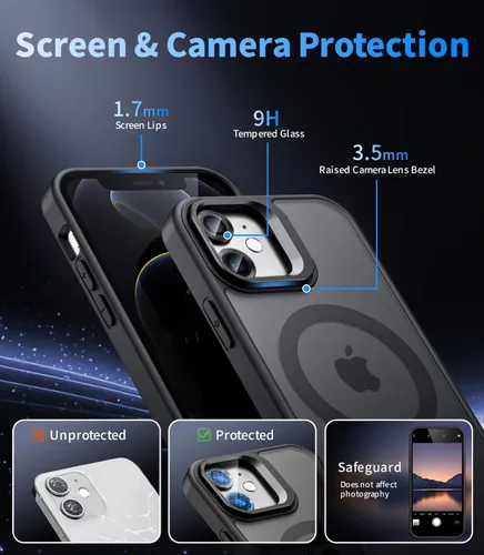 Miniatura 6 de Funda magnética para iPhone 11 con soporte, compatible con Magsafe, protección militar y protector de lente de cámara, funda translúcida mate