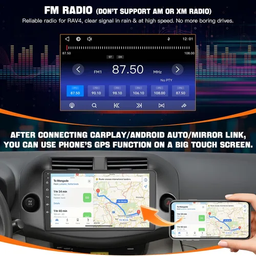 Miniatura 6 de Estéreo de radio de coche para Toyota RAV4 2007-2012 sin sistema de sonido JBLB, compatible con Carplay inalámbrico/Android Auto/Mirrorlink