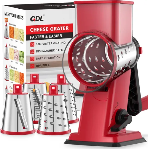 Rallador de queso giratorio GDL con manivela manual - Rallador de queso mejorado con 4 cuchillas intercambiables, rallador giratorio con base de
