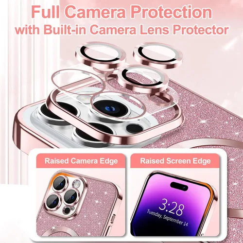 Miniatura 30 de Hython Funda para iPhone 14 Pro Max con purpurina, fundas magnéticas transparentes para teléfono con protector de lente de cámara
