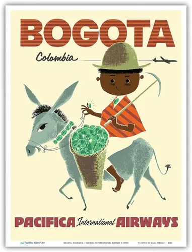 Miniatura 9 de Sokoloff c.1950s - Bogotá Colombia - Pacifica International Airways - Andes Boy with Colombian Emeralds - Póster vintage de viaje de aerolínea por