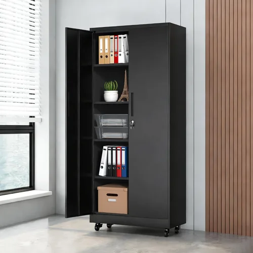 Miniatura 10 de Armario de almacenamiento de garaje de 71 pulgadas de alto con 2 puertas y 4 estantes ajustables, gabinete de almacenamiento de metal, armario