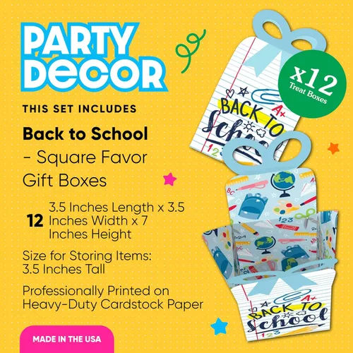 Big Dot of Happiness Regreso a clases – Cajas de regalo cuadradas – Decoraciones para el primer día de clases – Cajas de lazo – Juego de 12