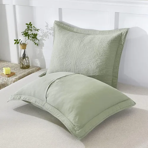 Miniatura 4 de WINLIFE Juego de 2 fundas de almohada acolchadas 100% algodón, estampado floral, tamaño King, color verde
