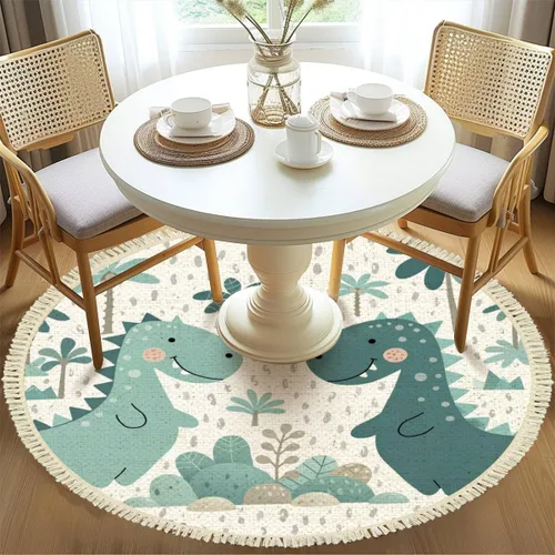 Miniatura 4 de Round Rugs - Alfombra de dinosaurio para bebé y niño, diseño escandinavo, bonita alfombra de lino y algodón, alfombra de meditación, lavable