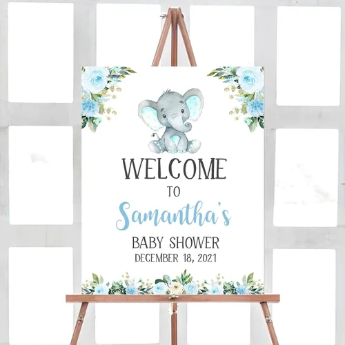 Letrero de bienvenida de elefante editable para baby shower, letrero floral azul para baby shower, letrero con nombre personalizado para niño o niña