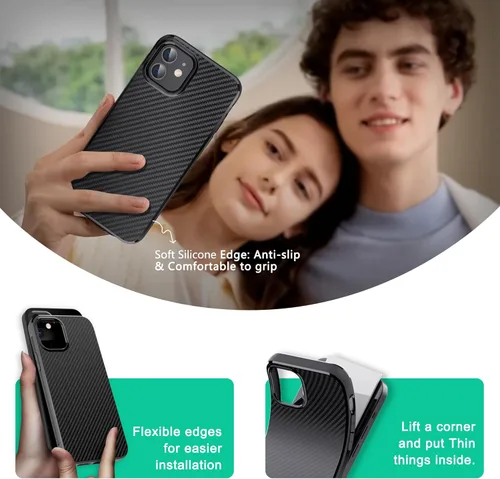 Miniatura 6 de ONES Funda delgada para iPhone 12 Mini, funda protectora de fibra de carbono a prueba de golpes con diseño minimalista y prevención de huellas Negro