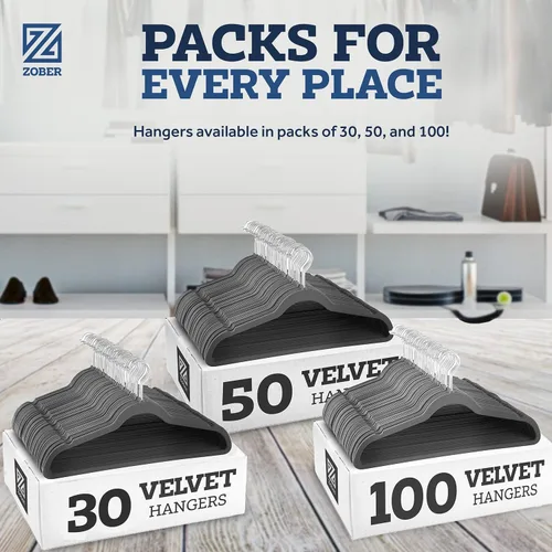 Miniatura 7 de Zober - Paquete de 50 perchas de terciopelo gris para abrigos, pantalones y ropa de vestir; perchas de fieltro fuertes y antideslizantes con ahorro