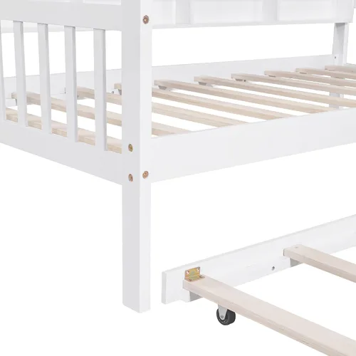 Miniatura 5 de Merax Cama de madera de tamaño individual, marcos de cama individual de madera maciza con nido y estante, cama de casa para niños, color blanco