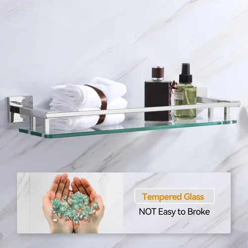 Miniatura 5 de LANC Estante de baño cromado, estantes de vidrio templado flotante de 20 pulgadas, estante rectangular de acero inoxidable montado en la pared