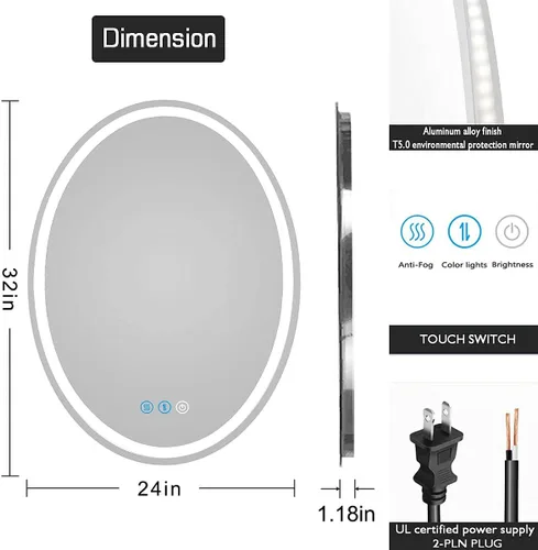 Miniatura 6 de Espejo de baño ovalado LED de 32 x 24 pulgadas con luces, memoria inteligente, 3 colores regulables, luz frontal, antiniebla, inastillable, vidrio