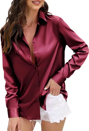 Miniatura 22 de CUNLIN Camisas de satén de seda suave con botones de leopardo para mujer, camisa de trabajo de manga larga de seda, blusas de vestir, tops