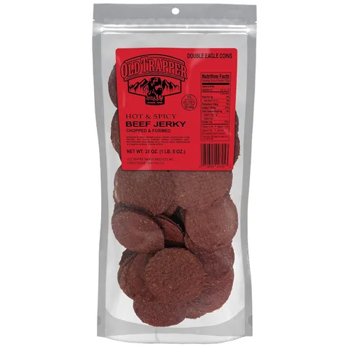 Old Trapper Double Eagle Cecina de Res, sabor picante y caliente, paquete de 21 onzas, snacks de carne ahumada en madera natural, 10 gramos de
