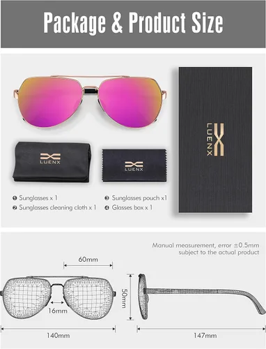 Miniatura 6 de Lentes para aviador Luenx polarizados, para hombres y mujeres, con armazón de metal grande, protección UV 400