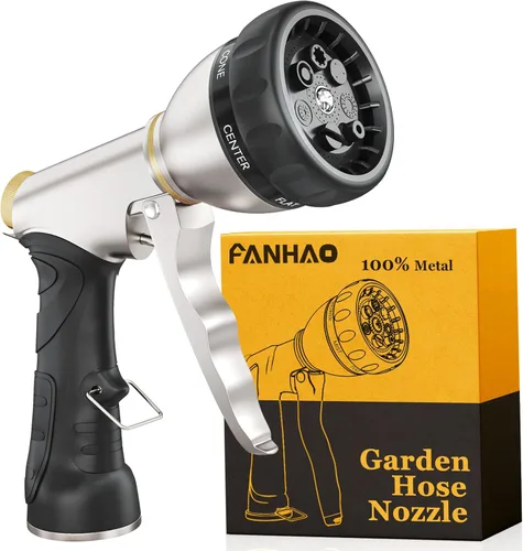 FANHAO Boquilla de manguera de jardín, 100% de metal resistente con 7 patrones de pulverización, rociador de mano de alta presión con mango