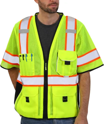 Miniatura 10 de Dib Safety - Chaleco reflectante amarillo de malla, chaleco de alta visibilidad con bolsillos y cremallera, ANSI clase 2 de servicio pesado, hecho
