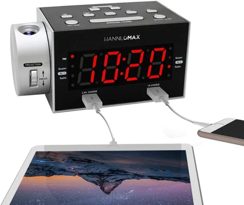 HANNLOMAX HX-135CR - Radio despertador con proyección, radio FM PLL, alarma dual, puertos USB duales para carga de 2.4 A y 1A, pantalla LED roja de