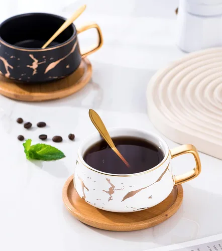 Miniatura 7 de Jusalpha Juego de taza de té y platillo de bambú de 300 ml con impresión de mano dorada de lujo, patrón de mármol de moda para mujeres TCS19 (blanco)