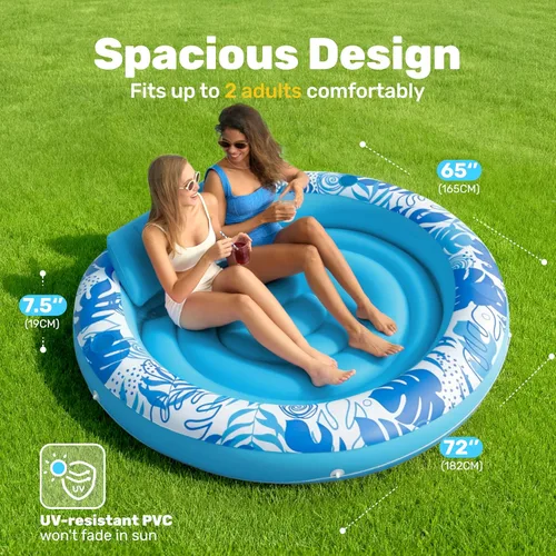 Miniatura 2 de SLOOSH Flotador inflable para piscina de bronceado, flotadores de piscina de 72 x 56 pulgadas para adultos con almohada, flotador redondo 4 en 1