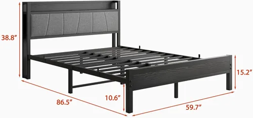 Miniatura 2 de BOFENG Base de cama Queen con cabecero, base de cama tapizada de metal con estación de carga, marco de cama tamaño Queen con almacenamiento,
