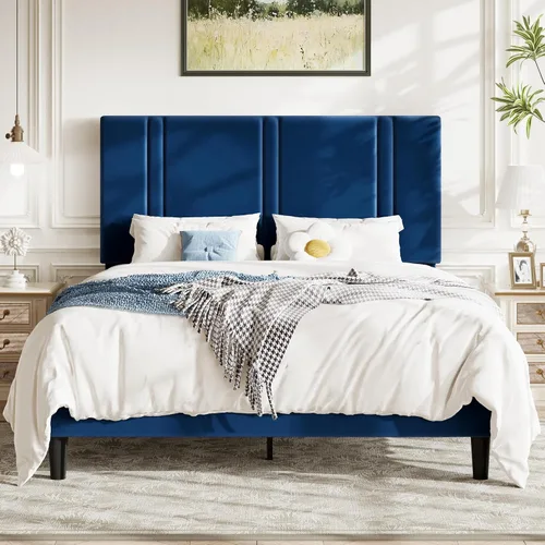 Miniatura 14 de Allewie Marco de cama de plataforma de tamaño matrimonial con cabecera ajustable, tapizado de terciopelo de felpa, canal vertical acolchonado, Negro