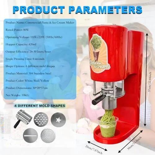 Miniatura 6 de Electric Ice Cream Machine - Commercial Pasta & Fruit Ice Cream Press with 4 Molds - 30L/Hour Output, Perfect for Restaurants, Bars, and Gourmet
