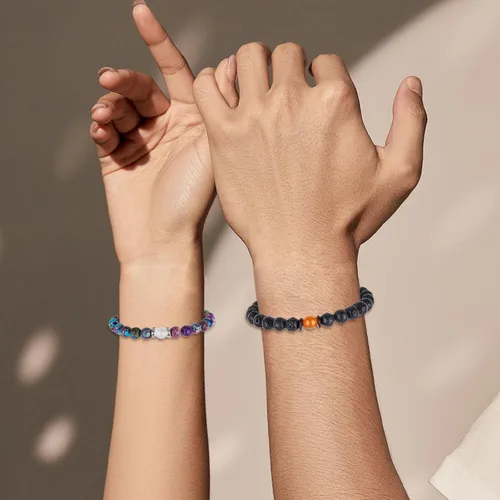 Miniatura 43 de 2 pulseras magnéticas para parejas, piedra natural negra mate, cristal para votos de amor eterno, juego de pulseras de cuentas de piedra de energía