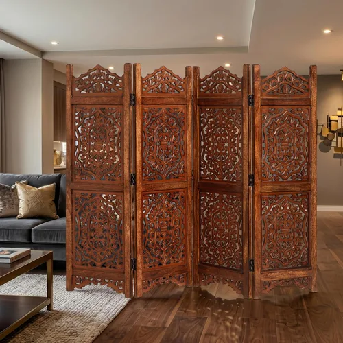 Miniatura 2 de Lightnpro 4 Panel Royal Octagon Wooden Room Divider 64"(W) x 48"(H) Handmade Heart Design Partition, Intricately Carved, Hinged & Foldable