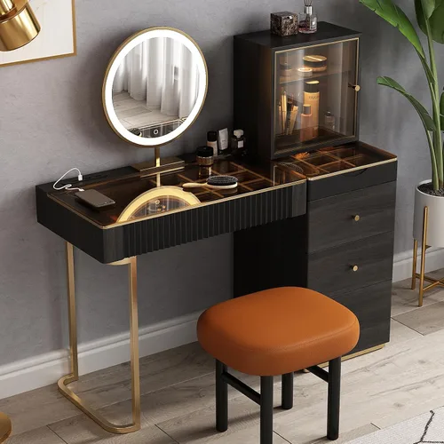 Lartis Mesa de tocador de maquillaje de alta calidad, tocador de almacenamiento, juego de tocador con taburete tapizado de madera maciza, espejo LED