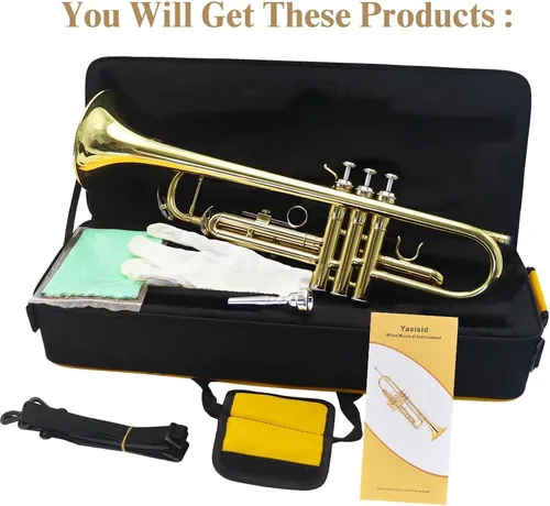 Miniatura 6 de Instrumento de trompeta, instrumentos musicales de banda y orquesta para principiantes, con estuche para trompeta, boquilla, paño y guantes (dorado)
