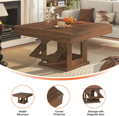 Miniatura 5 de knoworld Mesa auxiliar cuadrada, mesa de centro de madera con almacenamiento y casa para gatos, mesa de cóctel marrón rústica para sala de estar