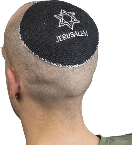 Miniatura 4 de JL Kippah Algodón Bordado Punto Azul Marino Plata Estrella de David Yarmulke 5.9in