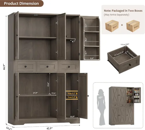 Miniatura 3 de HOSTACK Moderno armario de almacenamiento de despensa de cocina de granja, armario de despensa de cocina de 67 pulgadas de alto con puertas