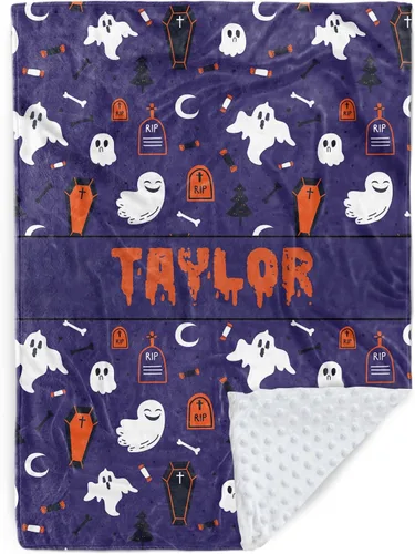 Miniatura 22 de Manta de bebé personalizada de Halloween, manta con nombre personalizado para niños pequeños, franela suave con respaldo de puntos de doble capa