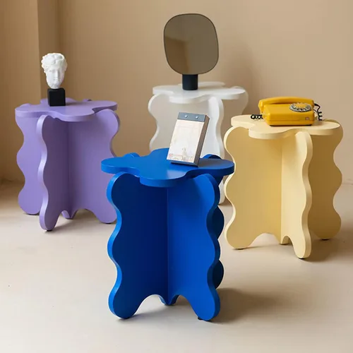 Miniatura 6 de HM&DX Mini mesa de centro de pétalos, mesa auxiliar de madera maciza con ondas de dibujos animados con patas en forma de X, mesas auxiliares de Azul