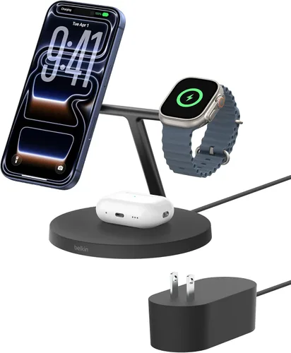 Cargador compatible con MagSafe de Belkin, estación de carga inalámbrica 3 en 1, carga inalámbrica certificada Qi2 de 15 W para Apple iPhone serie