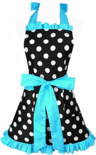 Hyzrz Lindo delantal retro negro de lunares retro con volantes laterales vintage delantales de cocina con bolsillos para mujeres y niñas (lado azul)