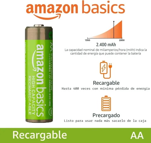 Miniatura 2 de Amazon Basics Paquete de 8 baterías recargables AA NiMH de alta capacidad, 2400 mAh, 1.2 V, recarga hasta 400 veces más, precargadas